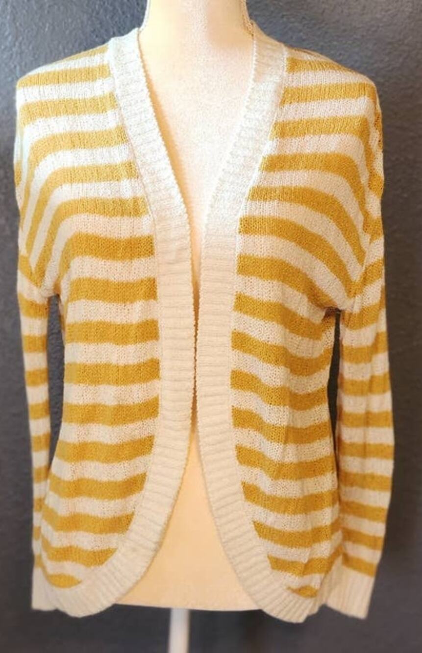 De Collection Mustard Yellow White Striped Open Front Cardigan Beachy Small